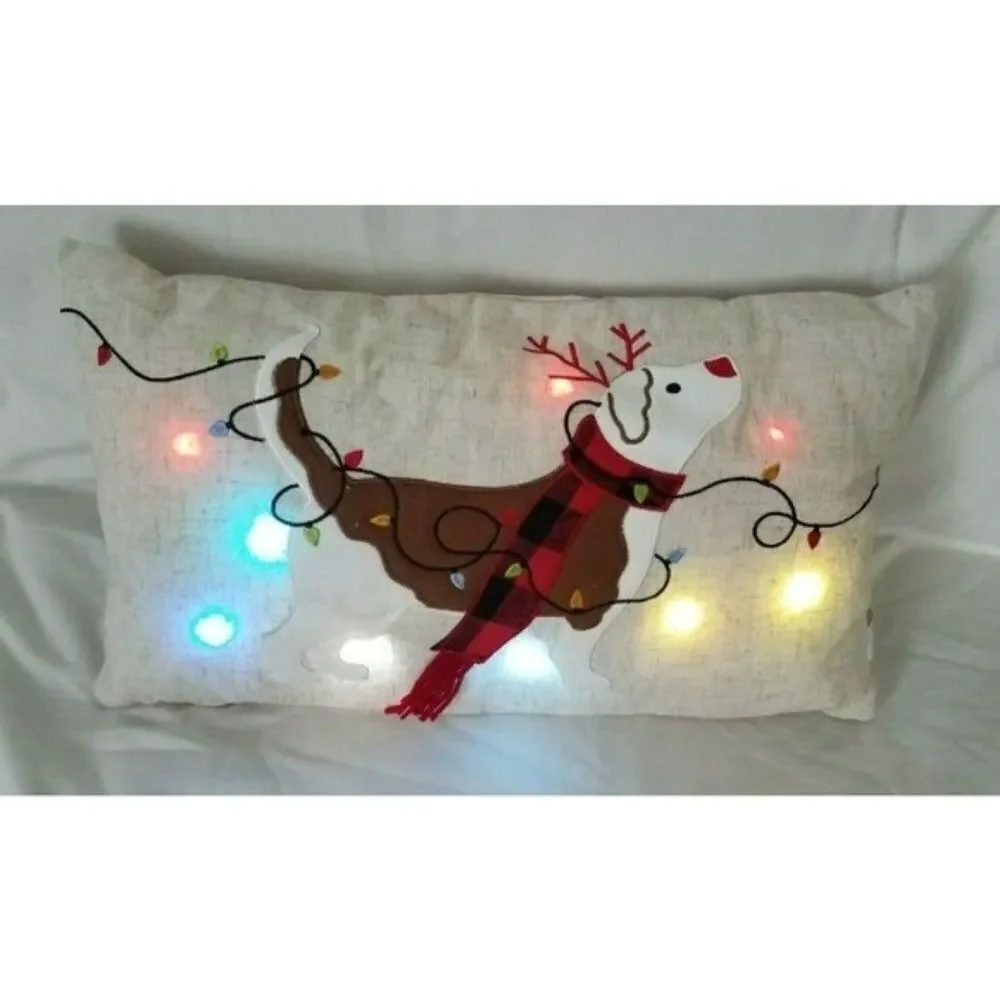 Accent Pillow Reindeer Dog Christmas Holiday Blinking Light-Up Buffalo Plaid